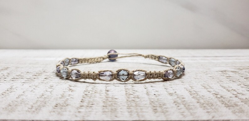 Boho Anklet Summer Beach Anklet Removable Macrame Anklet Czech Beaded Anklet 10 Transparent Steel Blue Hemp Ankle Bracelet