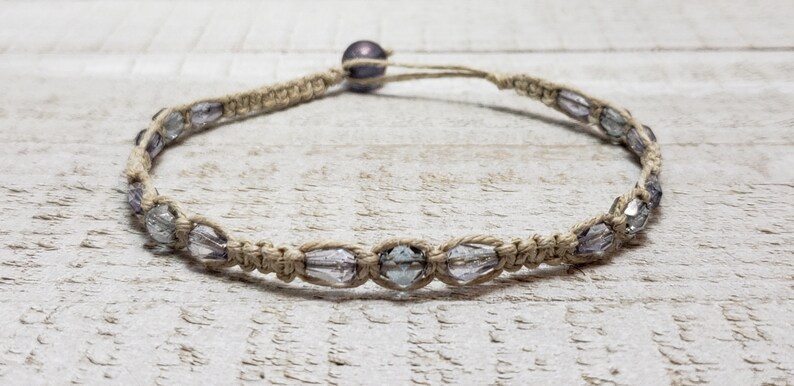 Boho Anklet Summer Beach Anklet Removable Macrame Anklet Czech Beaded Anklet 10 Transparent Steel Blue Hemp Ankle Bracelet