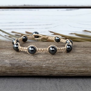 CHOOSE SIZE/STYLE- Hematite Hemp Bracelet - Handmade Quality Stackable Braided Macrame Healing Stone Gemstone Women Men Unisex Free Shipping