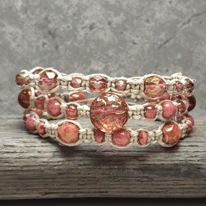 7 5/8&quot; - Pink Czech Glass Hemp Bracelet Set - Handmade Beaded Macrame Bracelets - Removable Braided Matching Boho Women Gift Ready to Ship