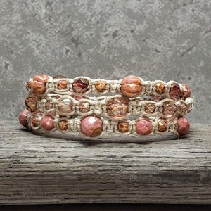 7 3/8&quot; - Pink Rose Hemp Bracelet Set - Czech Beaded Macrame Bracelets - Removable Braided Matching Boho Women Girls Gift Ready to Ship