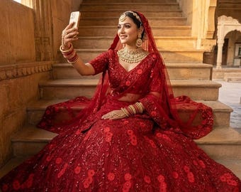 Red Embroidered Silk Lehenga Choli Set | Indian Wedding Festive Wear