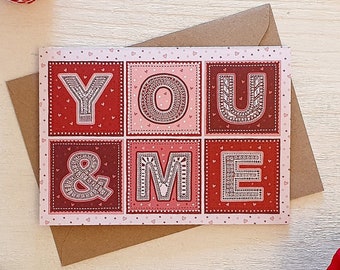Typographic You & Me Anniversary Card / Red and Pink Romantic Valentine's Day Card / Eco-Friendly Greeting Cards / Blank Cards / Red / Pink