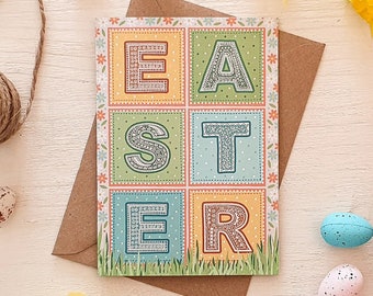 Pastel typographic Easter Card / Spring Illustration Easter Card / Eco-Friendly Easter Cards / Blank Cards / Yellow Green and Blue