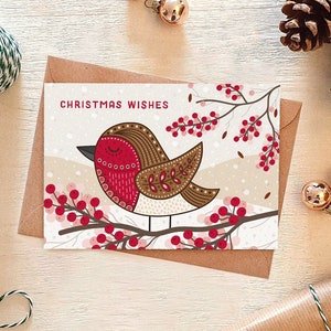 Jolie carte de Noël illustrée de Robin / Carte de Noël individuelle / Cartes de Noël respectueuses de l'environnement / Cartes de Noël animaux / Cartes de Noël oiseau