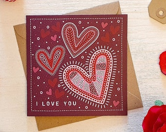 Red and Pink Heart Illustration Anniversary Card / I Love You Valentine's Day Card For Wife / Eco-Friendly Valentine's Day Cards