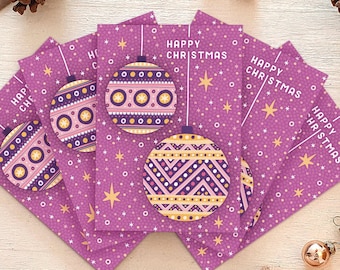 Pack of Purple Baubles Christmas Cards / Christmas Card Multipack / Eco Friendly Christmas Cards / Set of Pink Modern Christmas Cards