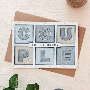 Carte de mariage Pour un couple heureux / Carte de mariage non sexiste / Cartes de mariage typographiques bleues et crème / Cartes de voeux écologiques