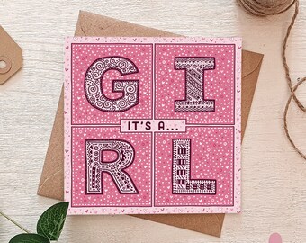 Pink It's A Girl Card / Pink New Baby Girl Card / Typographic New Baby Cards / Eco-Friendly Greeting Cards / Blank Cards / Illustration