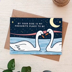Carte d'anniversaire romantique de cygnes au clair de lune / carte de Saint-Valentin de cygnes mignons / cartes de Saint-Valentin respectueuses de l'environnement / cartes d'anniversaire romantiques