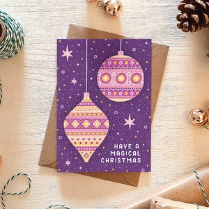 Carte de Noël illustrée or et violet / Carte de Noël individuelle / Cartes de Noël respectueuses de l'environnement / Cartes de Noël modernes