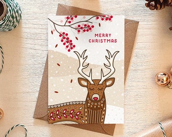 Carte de Noël illustrée avec un cerf : Noël respectueux de la faune sauvage