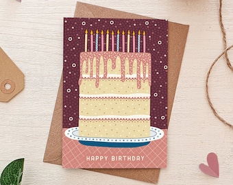 Pink Birthday Cake Card / Unique Birthday Cards / Birthday Cards for Friends / Eco-Friendly Greeting Cards / Birthday Cake Illustration