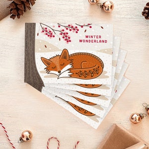 Lot de cartes de Noël renard enneigé / Paquet multiple de cartes de Noël illustrées / Cartes de Noël respectueuses de l'environnement / Jeu de cartes de Noël animaux