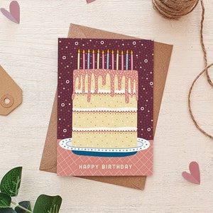 Carte de gâteau d'anniversaire rose / Cartes d'anniversaire uniques / Cartes d'anniversaire pour amis / Cartes de voeux écologiques / Illustration de gâteau d'anniversaire