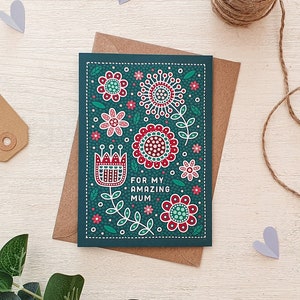 Carte de fête des mères pour ma formidable maman / carte de fête des mères florale verte / carte d'art folklorique / cartes de fête des mères respectueuses de l'environnement
