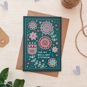 Carte de fête des mères pour ma belle-mère / Carte de fête des mères à fleurs vertes et rouges pour ma belle-mère / Cartes de fête des mères respectueuses de l'environnement