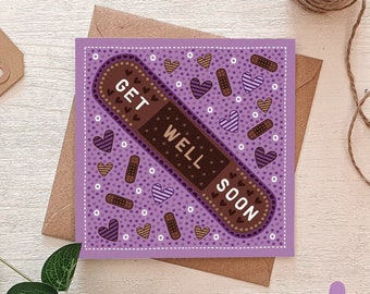 Purple Get Well Soon Card (Dark Skin Tone) / Cute Get Well Soon Card / Eco-Friendly Greeting Cards / Blank Cards / Plaster Illustration