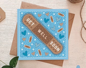 Blue Get Well Soon Card (Medium Skin Tone) / Cute Get Well Soon Card / Eco-Friendly Greeting Cards / Blank Cards / Plaster Illustration