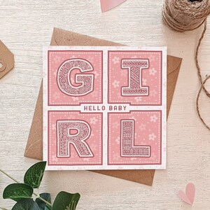 Carte rose bonjour bébé fille / carte rose nouveau bébé fille / cartes typographiques nouveau bébé / cartes de voeux écologiques / cartes vierges / illustration