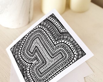 1 - Colouring Card / One Card / Unique 1st Birthday Card / Number Cards / Greeting Cards / Blank Cards / Black and White / Illustration