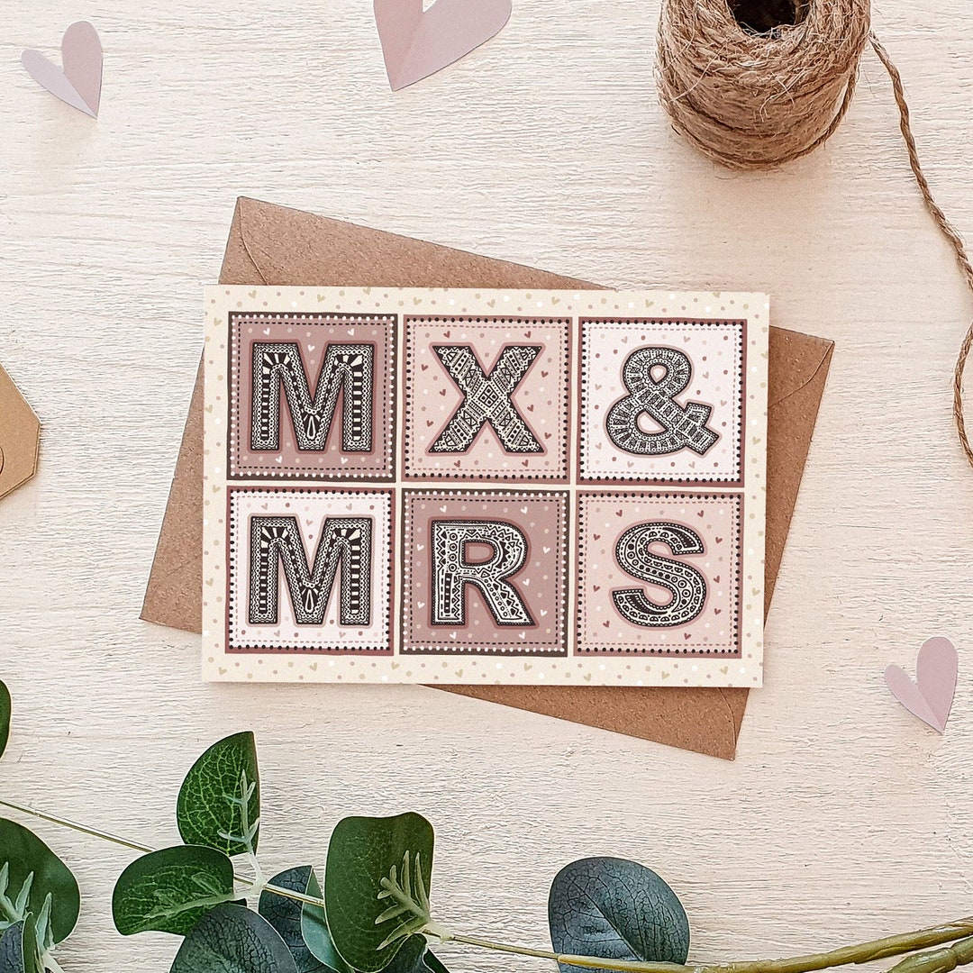 Pink and Cream Mx &amp; Mrs Wedding Card / Non Gendered Wedding Cards / Non ...