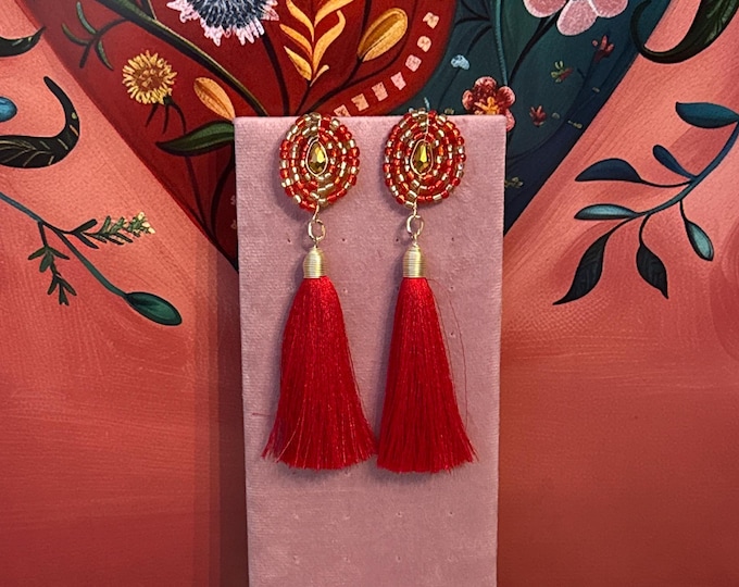 Silk tassel earrings with seed beads and Czech crystal