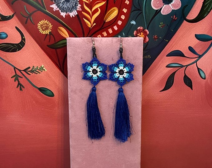Huichol earrings with silk tassel