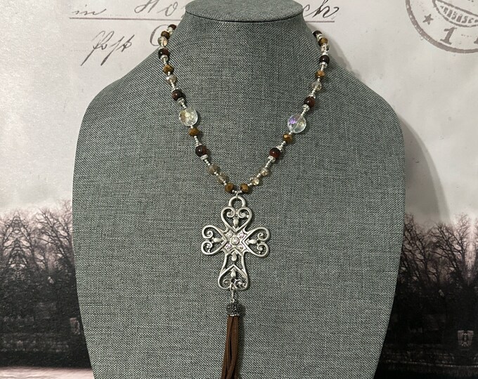 Cross necklace set with agate and crystal earrings