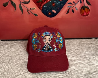 Denim cap with embroidered Frida Kahlo