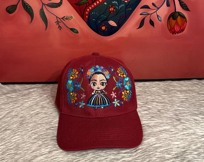 Denim cap with embroidered Frida Kahlo