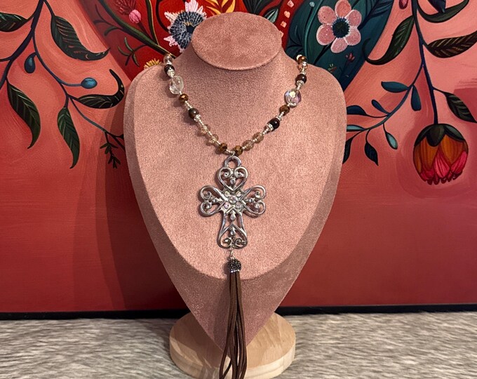 Cross necklace set with agate and crystal earrings