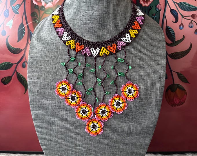 Huichol flower necklace, earring and bracelet set