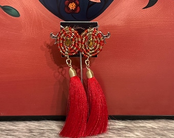 Silk tassel earrings with seed beads and Czech crystal