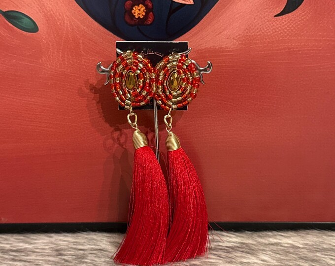 Silk tassel earrings with seed beads and Czech crystal