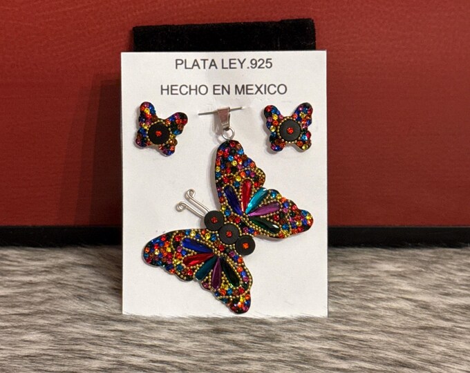 Set of earrings and pendant in handmade 925 silver, bear or butterfly