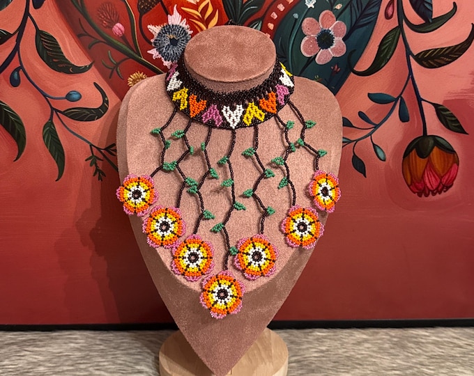 Huichol flower necklace, earring and bracelet set