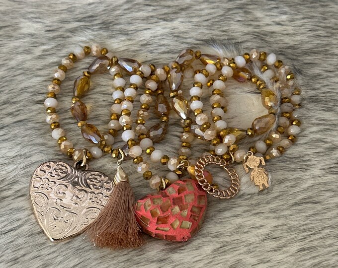 Set of 7 weekly crystal and stained glass heart bracelets