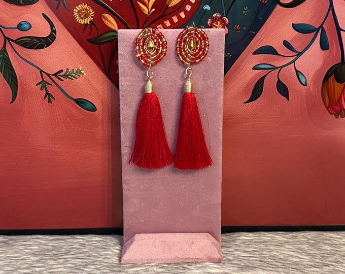 Silk tassel earrings with seed beads and Czech crystal