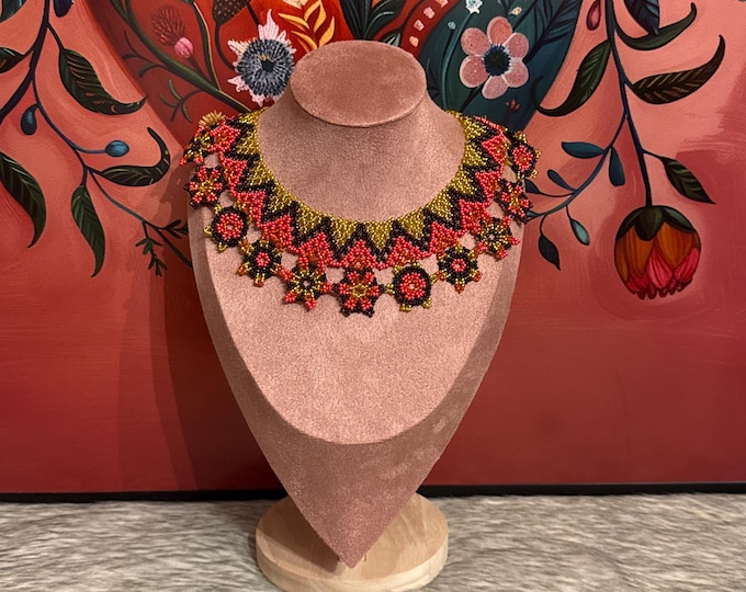 Huichol flower necklace, bracelet and earring set