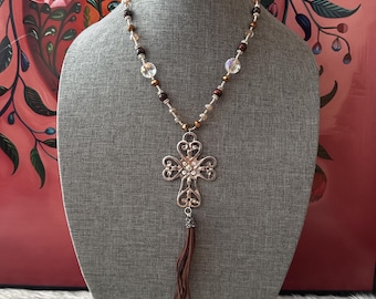 Cross necklace set with agate and crystal earrings