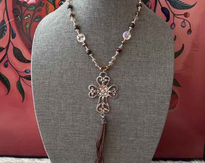 Cross necklace set with agate and crystal earrings