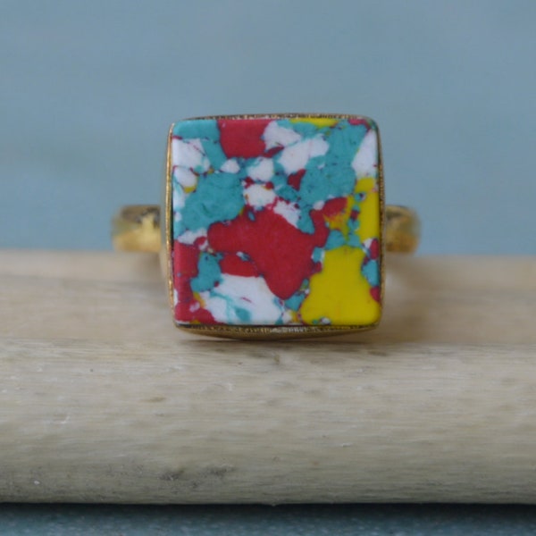 Square Cab Mosaic Turquoise Gemstone Ring, Sterling Silver Yellow Plaqué, Rose Gold Plated Gold Ring, Yellow Turquoise Gift Ring