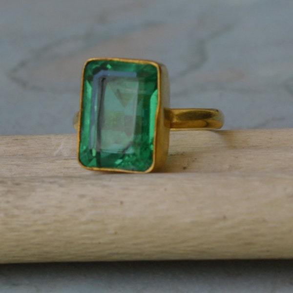 Rich Green Emerald Quartz Ring, Sterling Silver Yellow Plated, Rose Gold Plated Gold Ring, Emerald Quartz Artisan Birthstone Ring