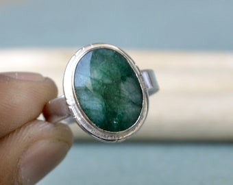 Oval Raw Green Emerald Ring: Sterling Silver May Birthstone