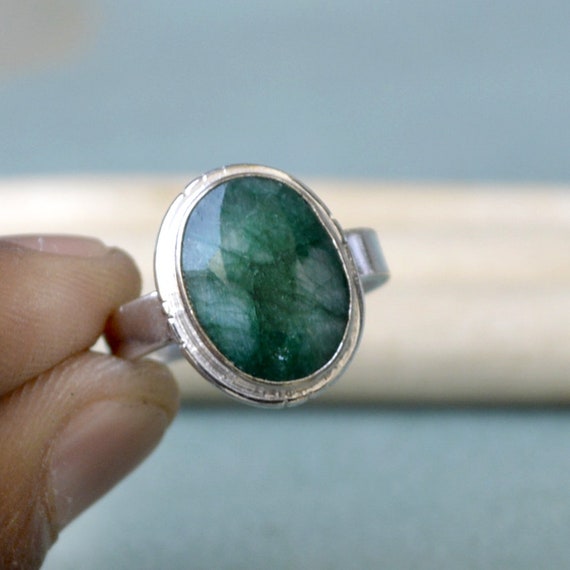 Oval Raw Green Emerald Ring: Sterling Silver May Birthstone