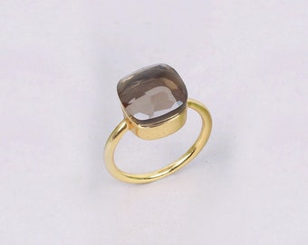 Cushion Cut Smoky Quartz Ring: 14K Gold Sterling Silver Band