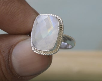 Cushion Rose Cut Rainbow Moonstone Ring, Natural Rainbow Moonstone 925 Sterling Silver, Yellow Gold Plated, Rose Gold Plated Ring Jewelry
