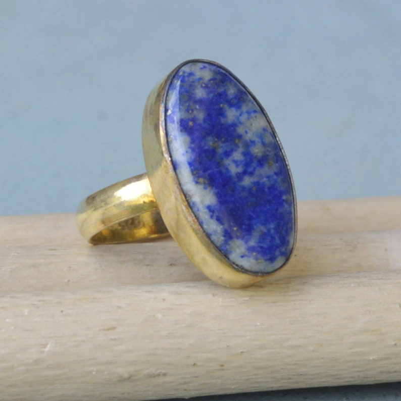 Natural Oval Lapis Lazuli Gemstone Sterling Silver Yellow Gold Artisan Gift Ring