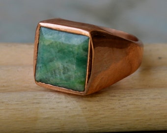 Square Faceted Rich Green Raw Emerald 925 Sterling Silver, Rose Gold Plated, Yellow Gold Plated Ring, Emerald Signet Personalized ring